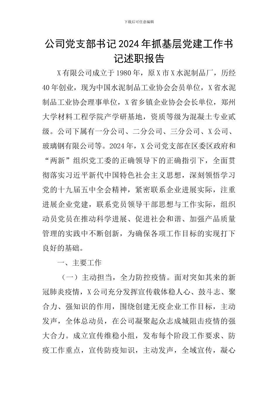 公司党支部书记2024年抓基层党建工作书记述职报告_第1页