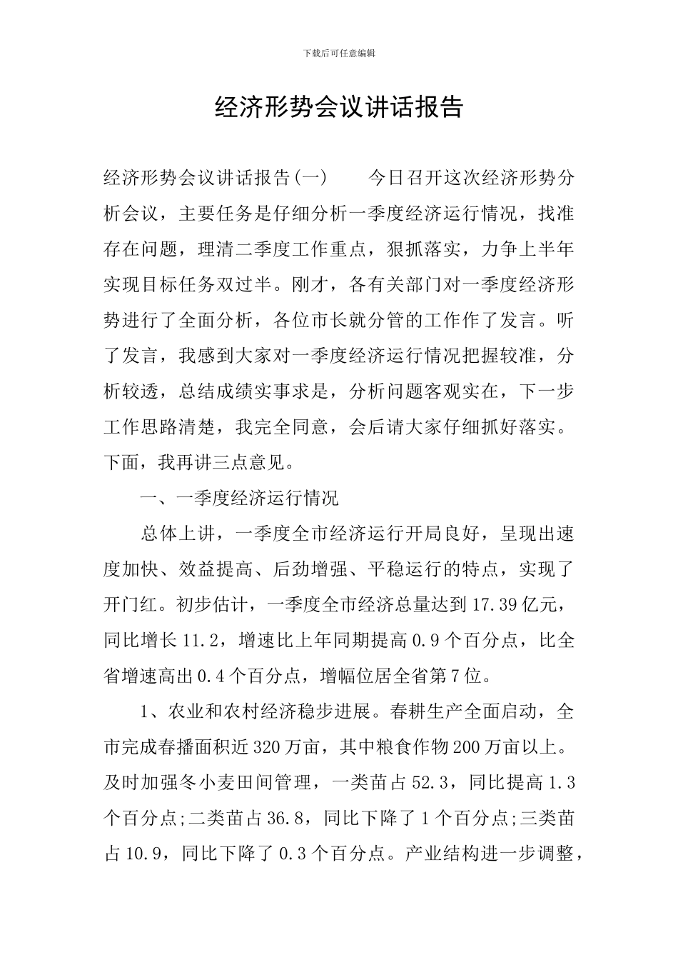 经济形势会议讲话报告_第1页