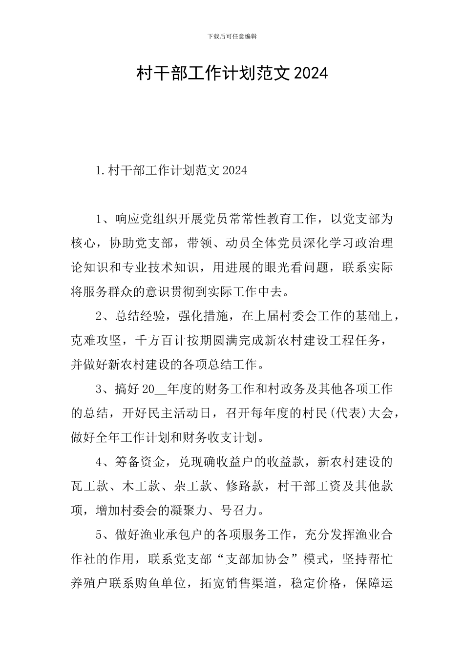村干部工作计划范文2024_第1页