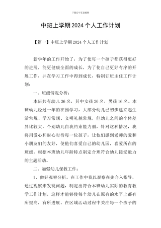 中班上学期2024个人工作计划