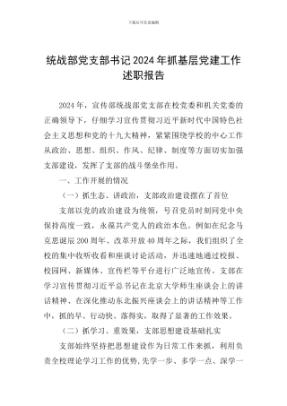 统战部党支部书记2024年抓基层党建工作述职报告