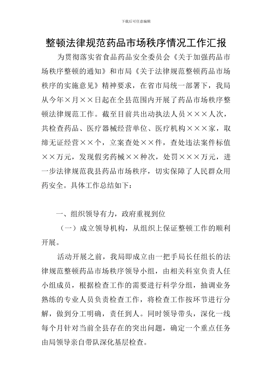 整顿规范药品市场秩序情况工作汇报_第1页