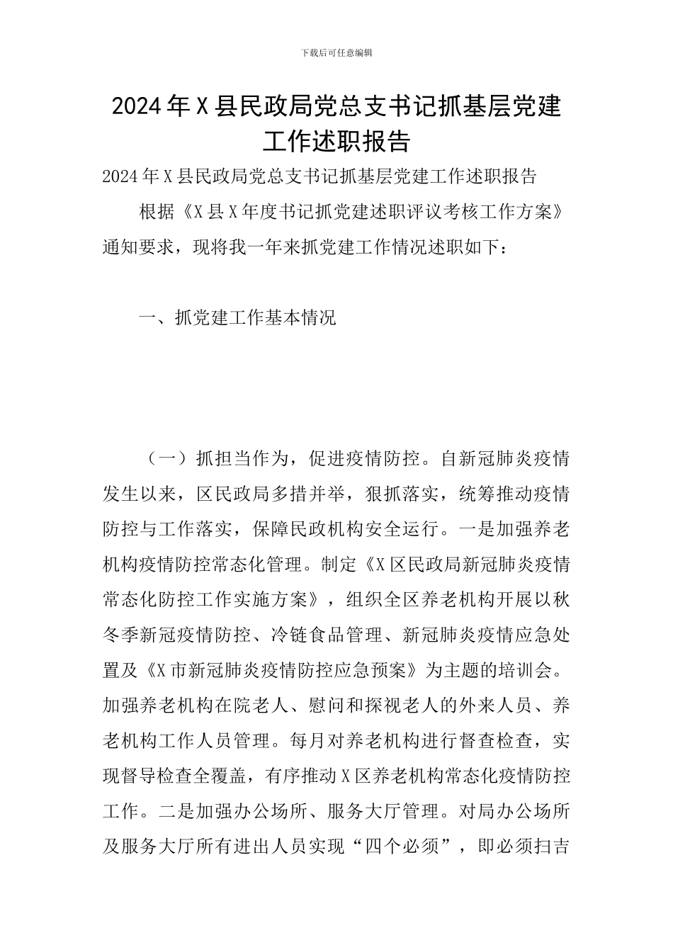 2024年X县民政局党总支书记抓基层党建工作述职报告_第1页