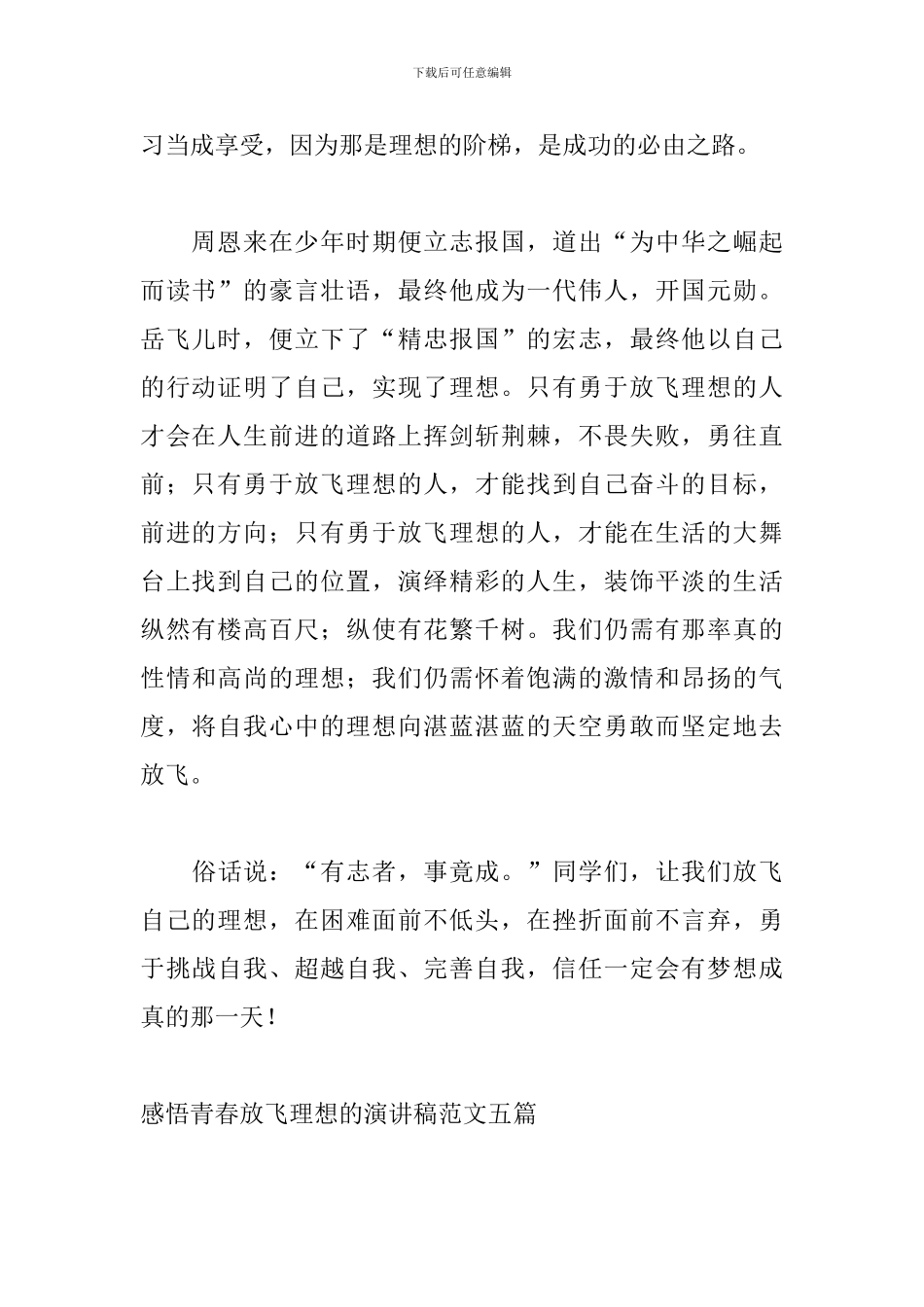 感悟青春放飞理想的演讲稿范文五篇_第2页