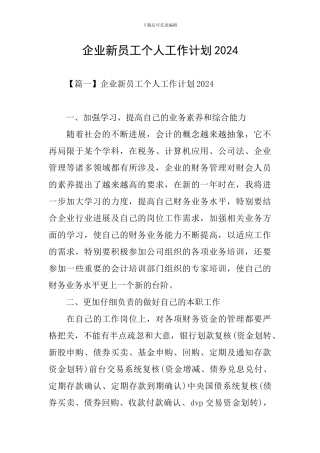 企业新员工个人工作计划2024