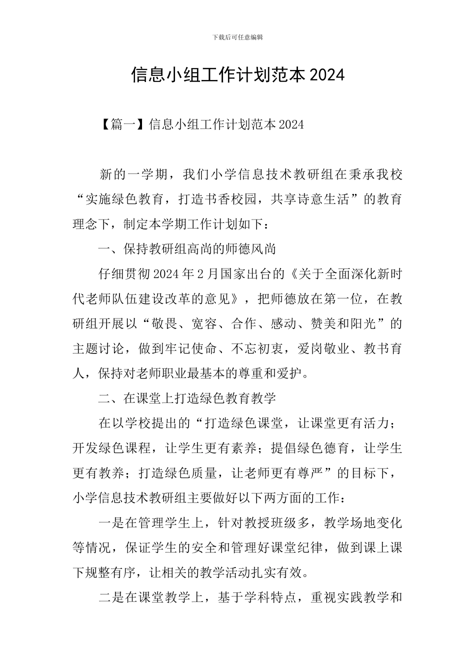 信息小组工作计划范本2024_第1页