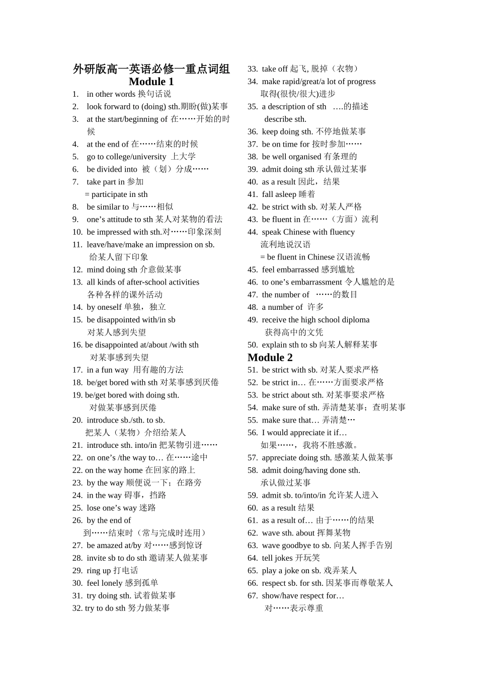 外研版高一英语必修一重点核心词组Module_1-7 (2)_第1页