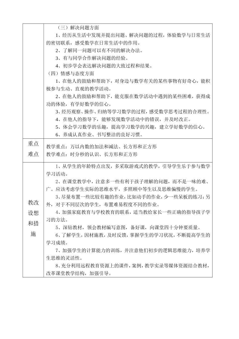 2014-2015学年度第一学期三年级数学教学计划_第2页