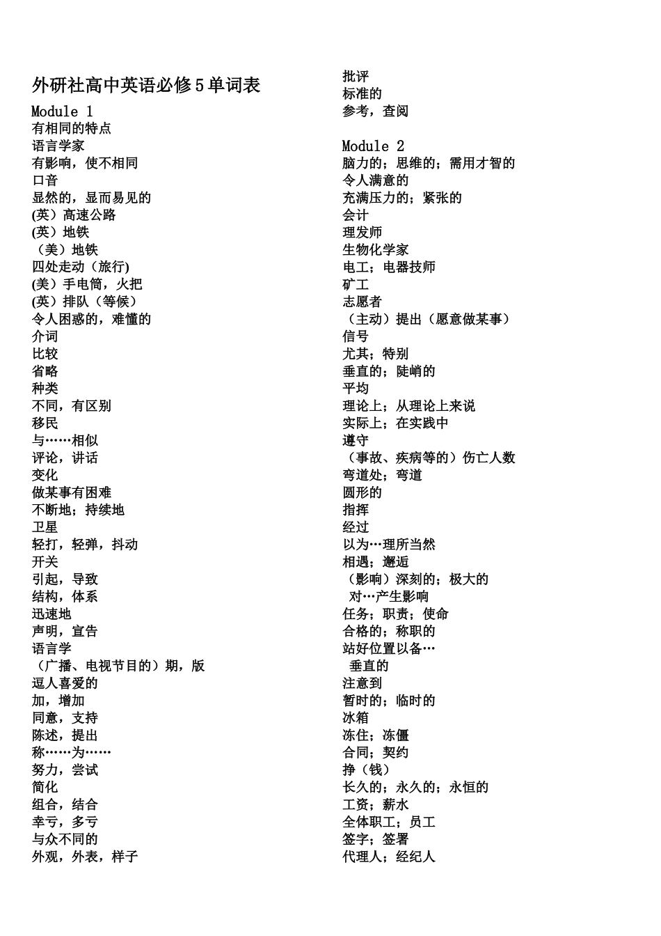 外研社英语必修5单词检测_第1页
