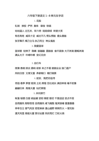 六年级下册语文1~8单元词语复习