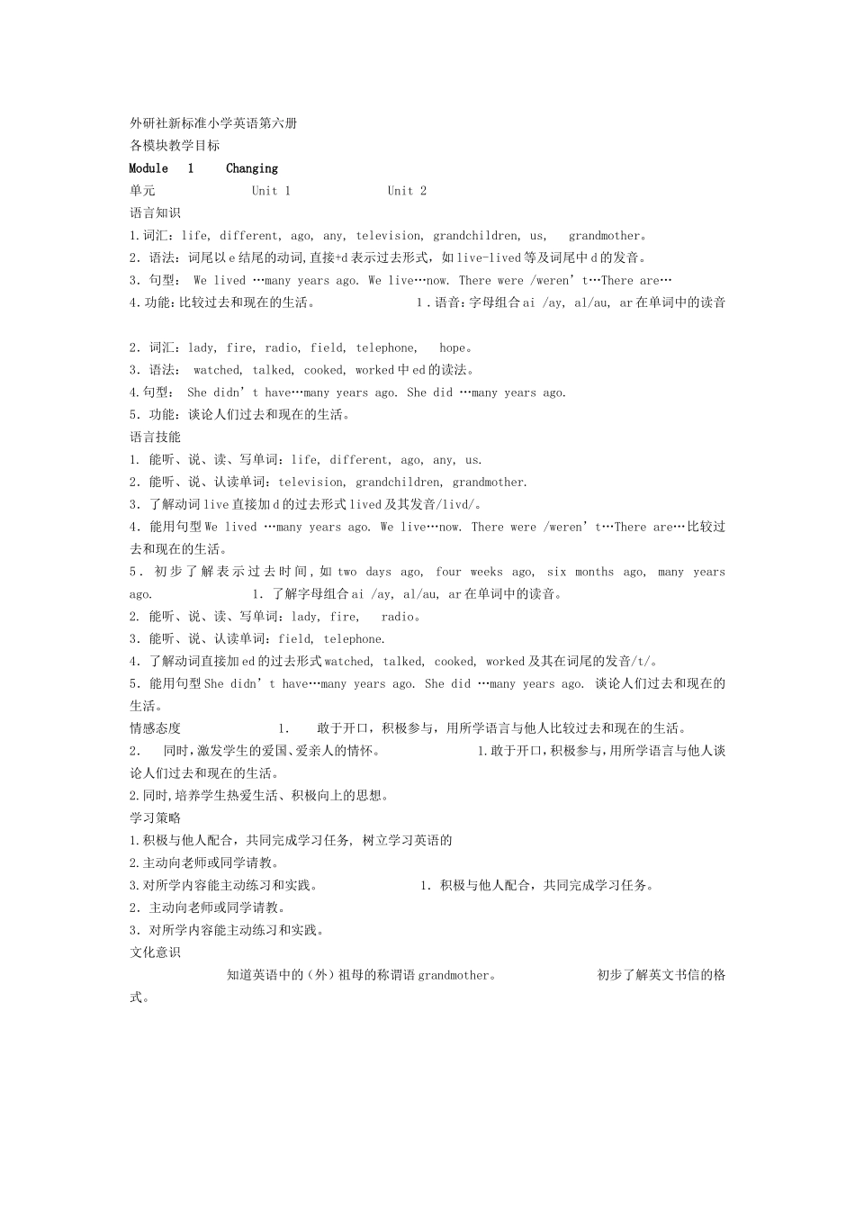 外研社新标准小学英语第六册各模块教学目标_第1页