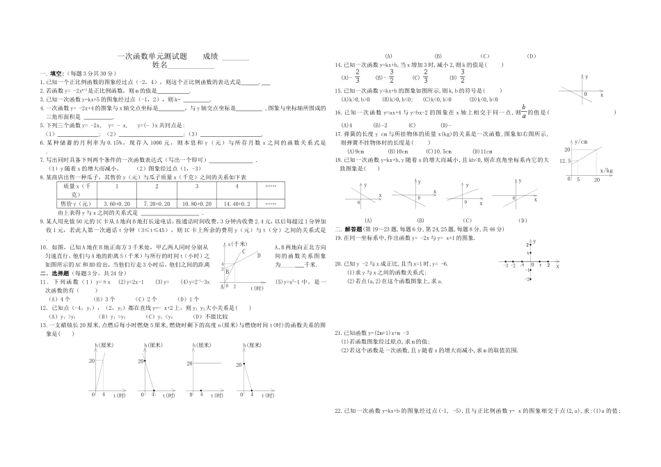 一次函数单元测试题成绩_第1页