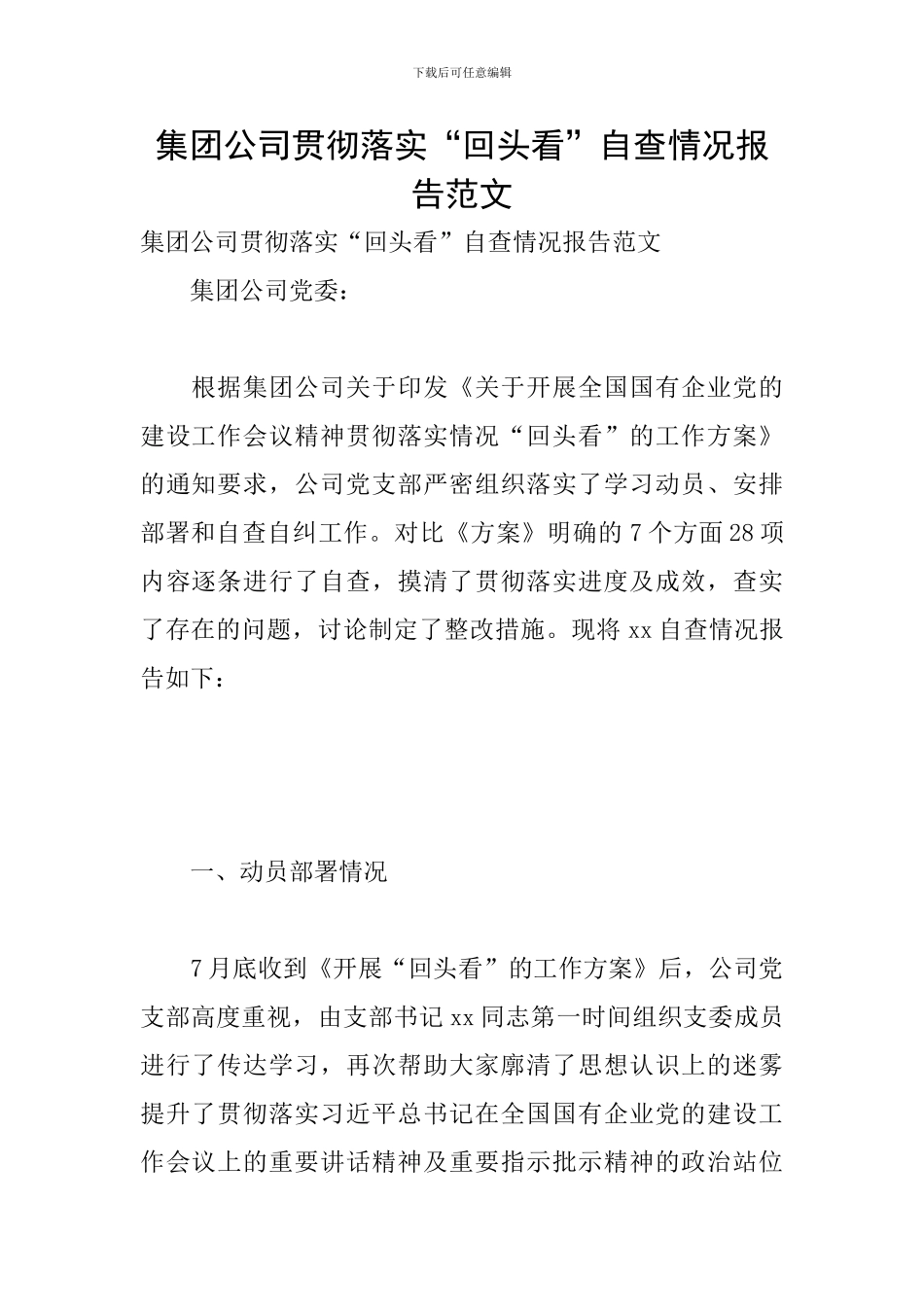 集团公司贯彻落实“回头看”自查情况报告范文_第1页