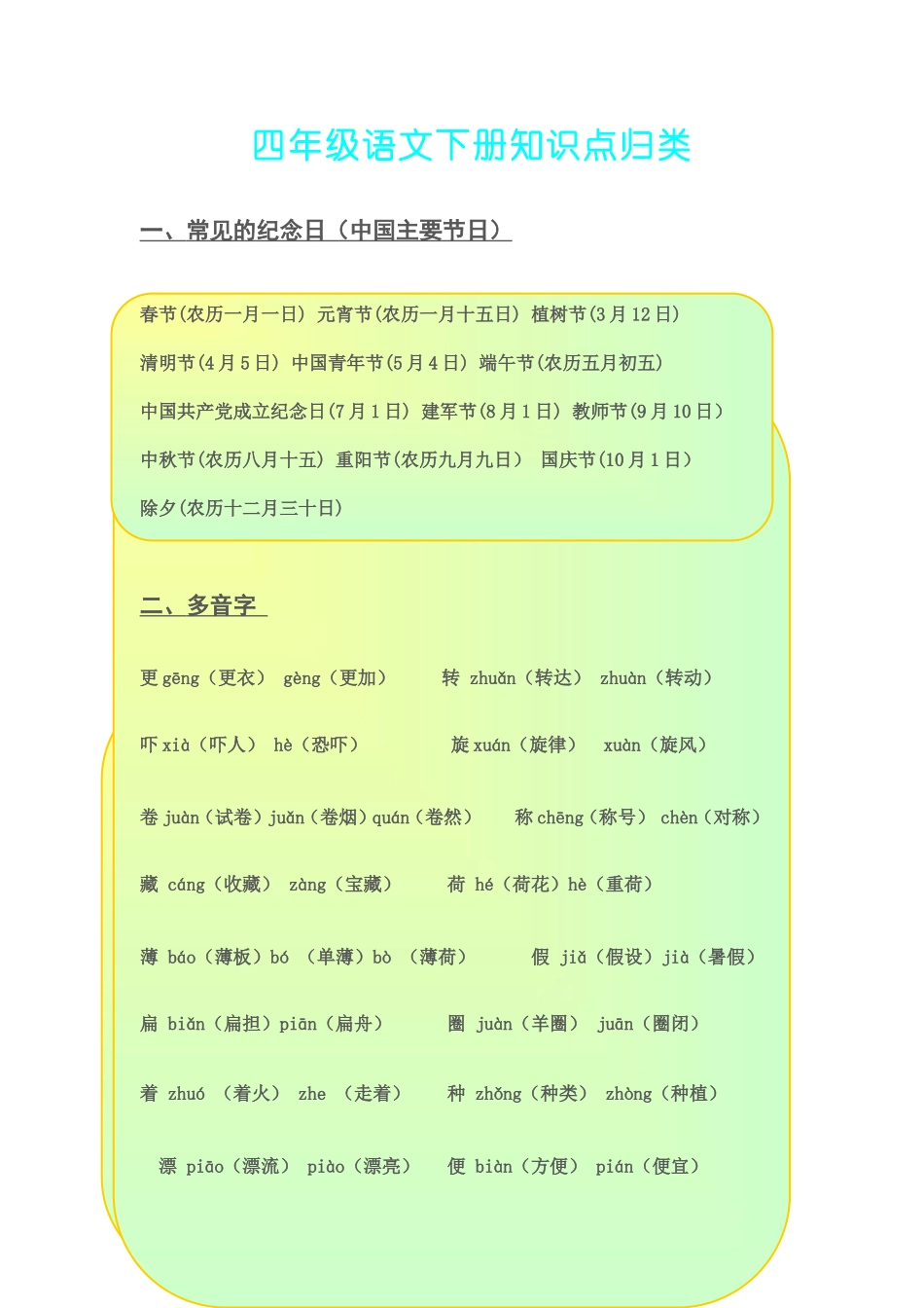 小学四年级语文下学期课文知识点归纳(北师大版)_第1页