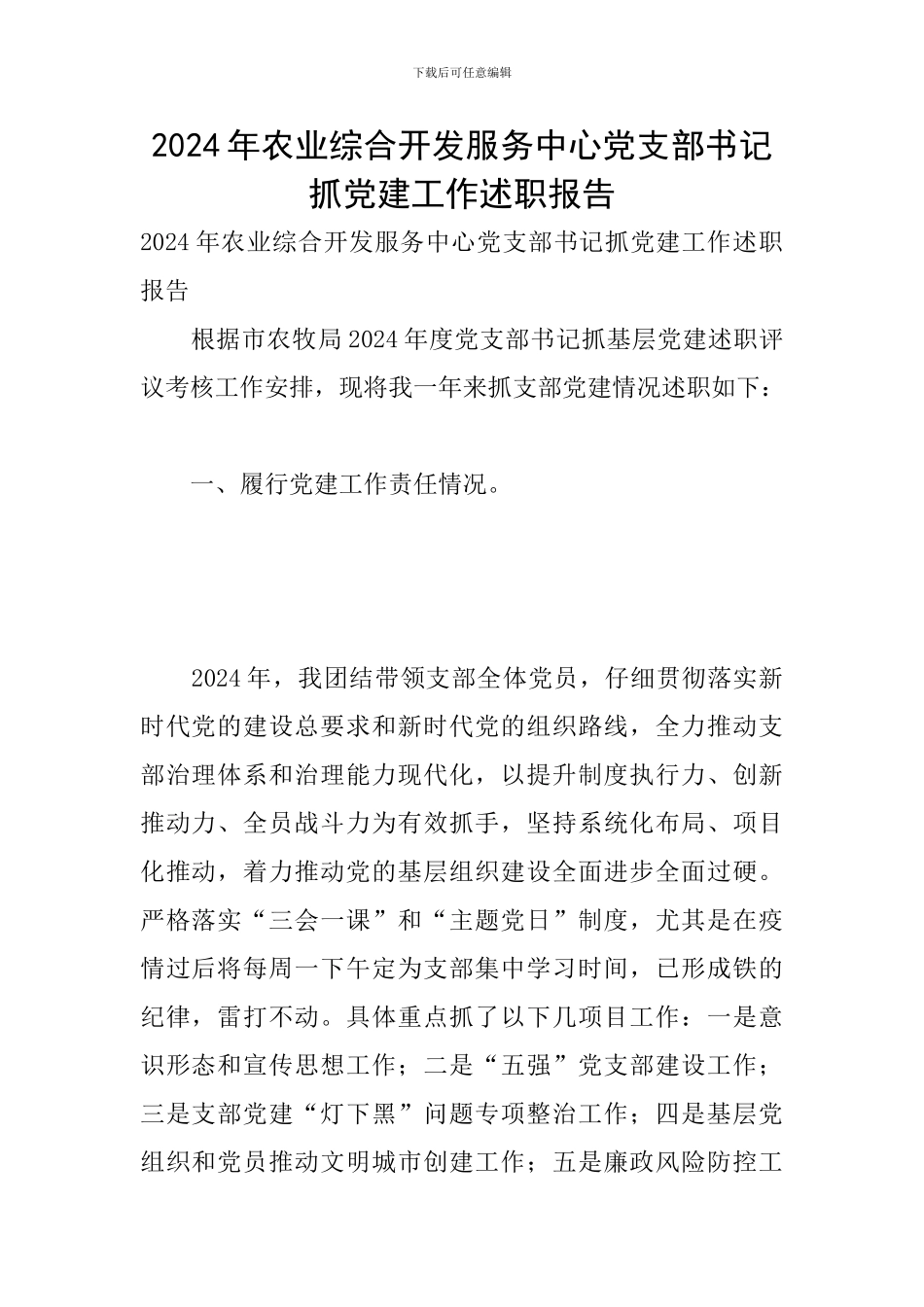 2024年农业综合开发服务中心党支部书记抓党建工作述职报告_第1页