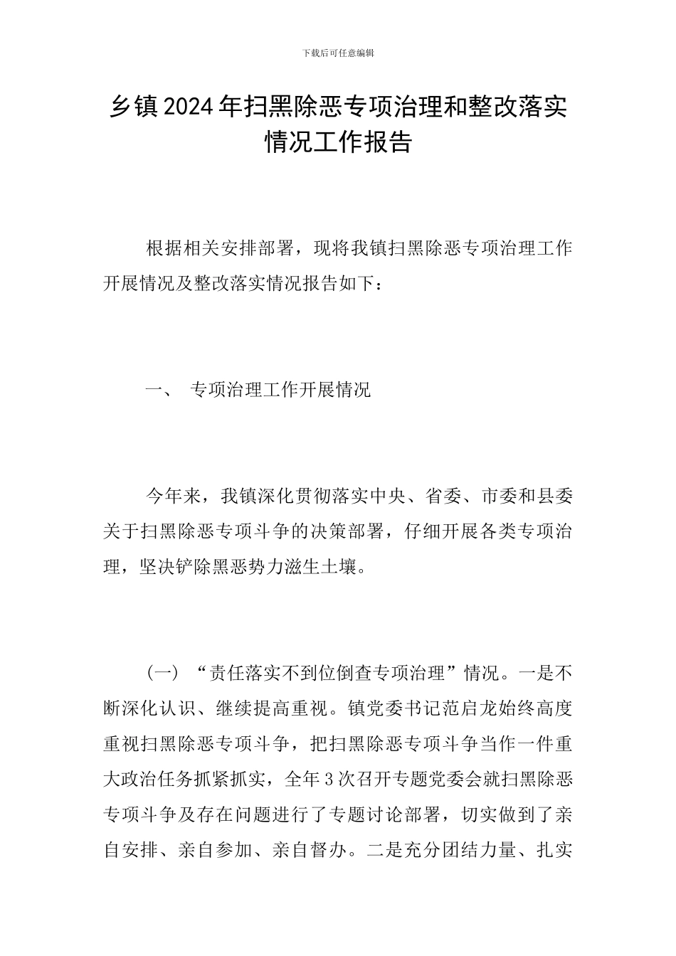 乡镇2024年扫黑除恶专项治理和整改落实情况工作报告_第1页