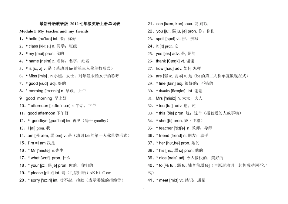 新外研版七年级英语上册单词表(带音标)_第1页