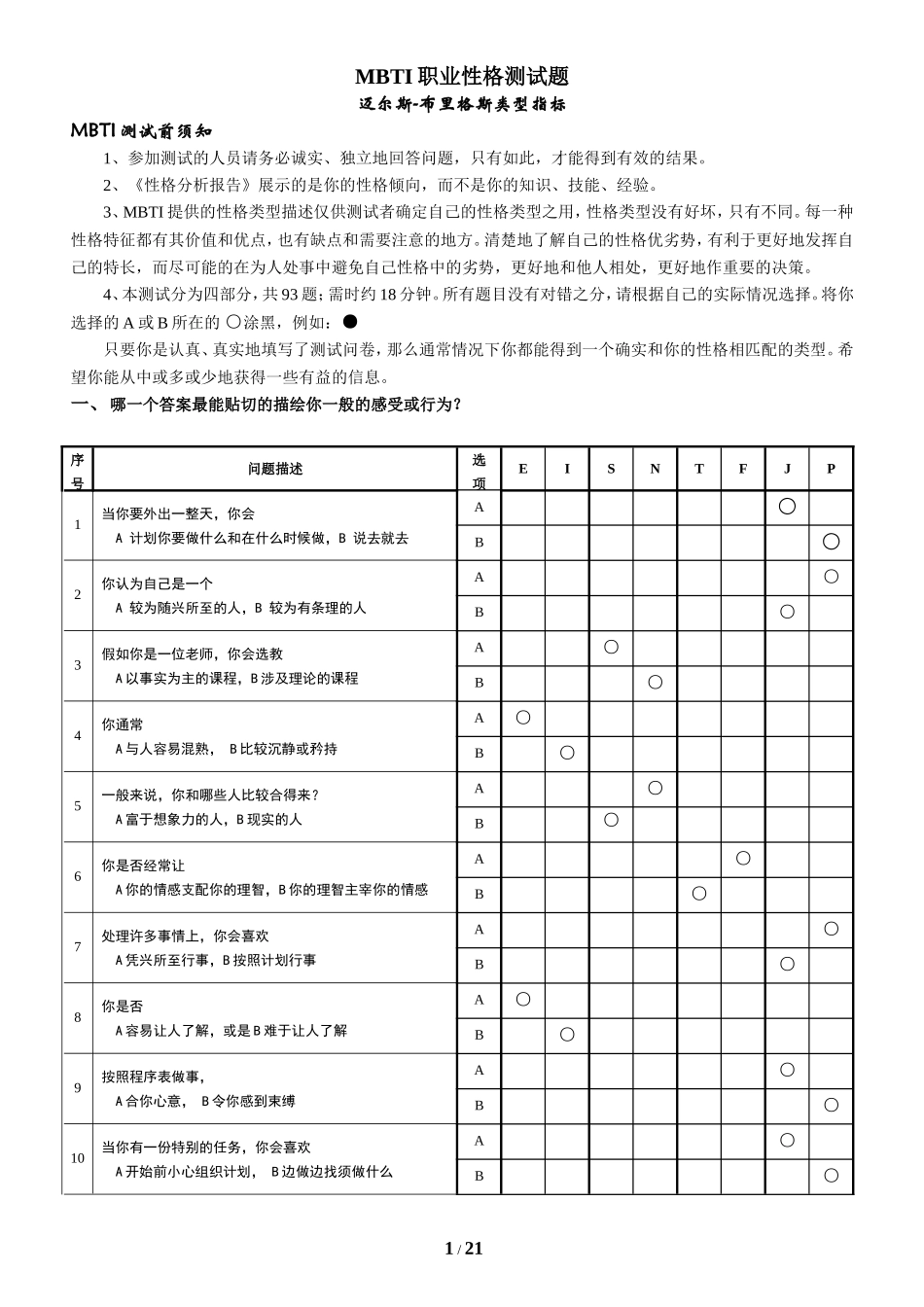 MBTI职业性格测试题及选择分析_第1页