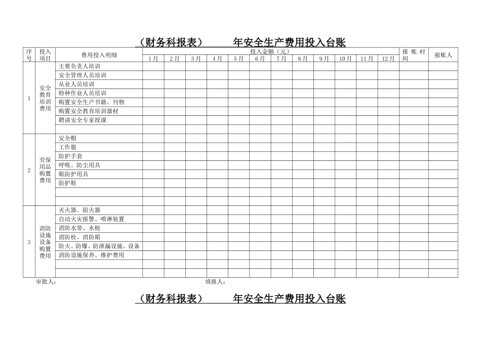 安全生产费用投入台账(模版报表)_第1页