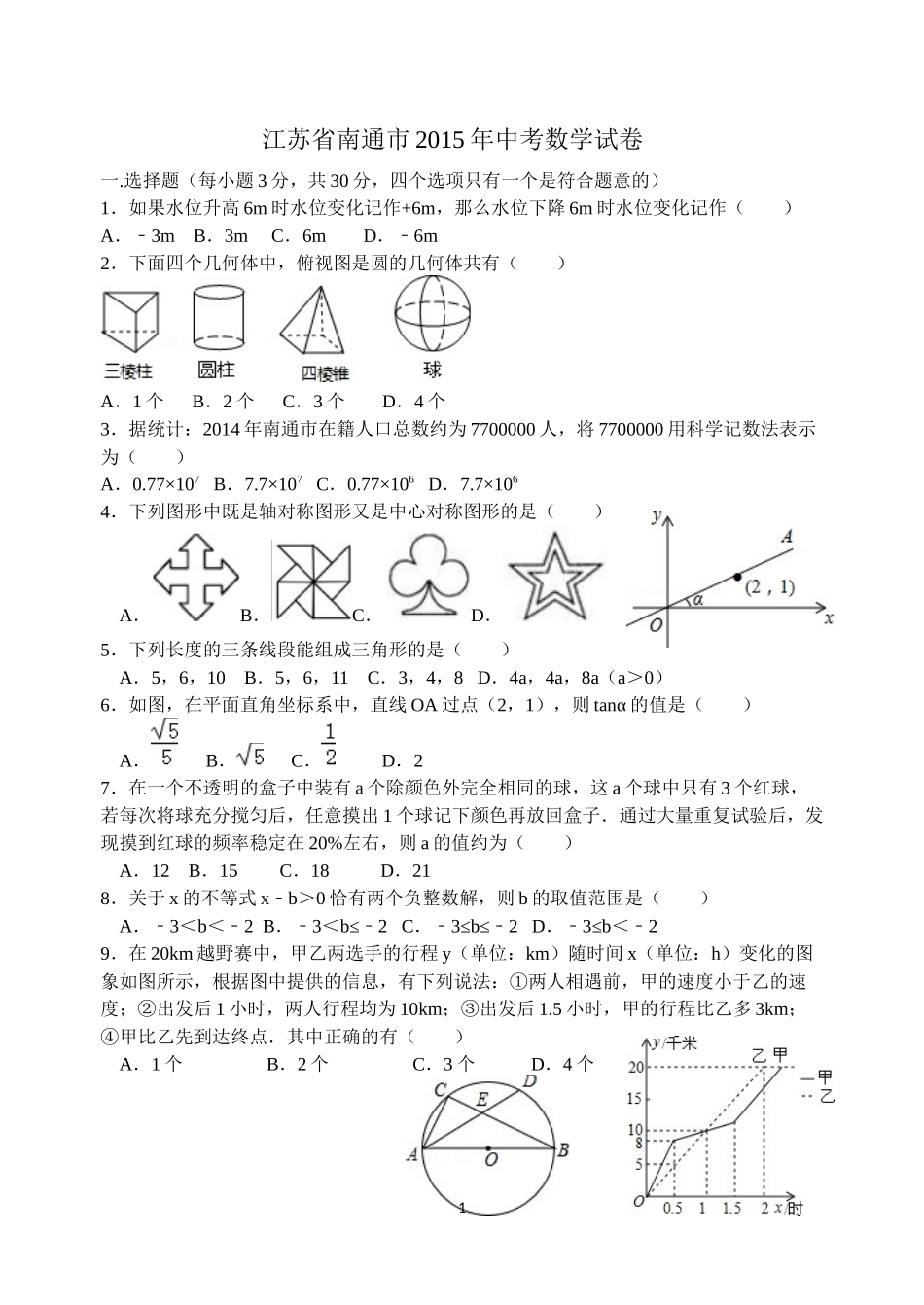 江苏省南通市2015年中考数学试卷_第1页