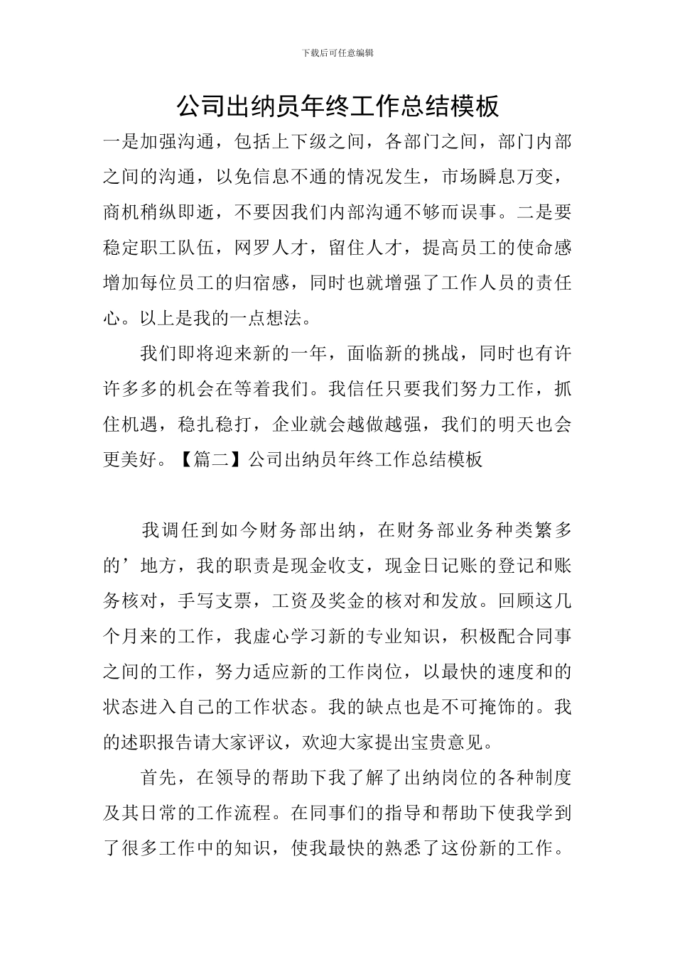 公司出纳员年终工作总结模板_第1页