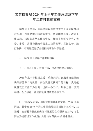 某某档案局2024年上半年工作总结及下半年工作打算范文稿
