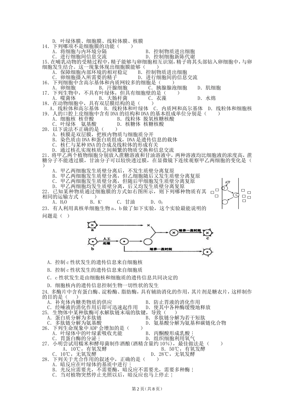 南轩中学2012-2013学年上期高三生物第一次月考试卷_第2页