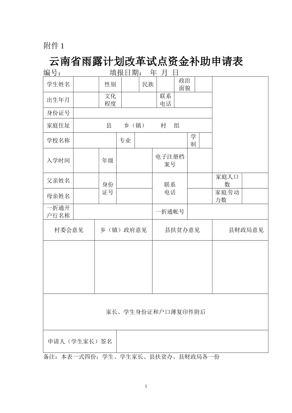 云南省雨露计划改革试点资金补助申请表_第1页