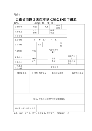 云南省雨露计划改革试点资金补助申请表