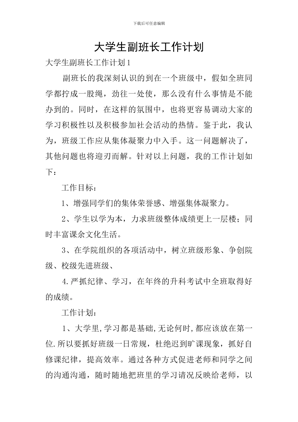 大学生副班长工作计划_第1页