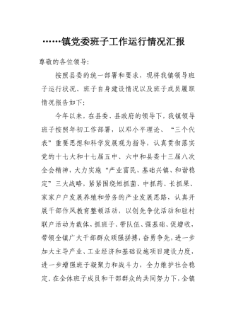 镇党委班子工作运行情况汇报