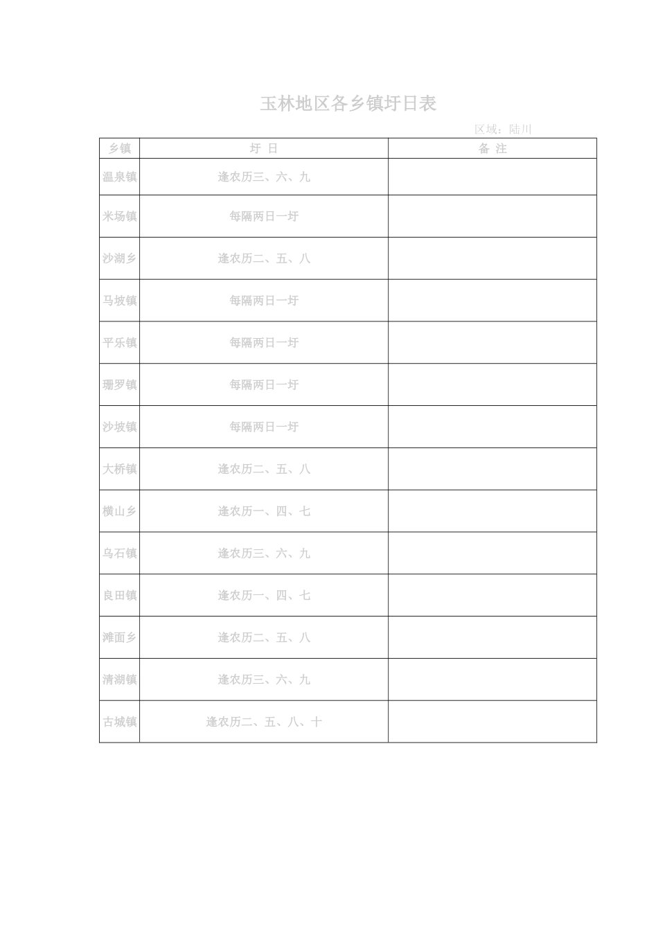 玉林地区各乡镇圩日表_第1页