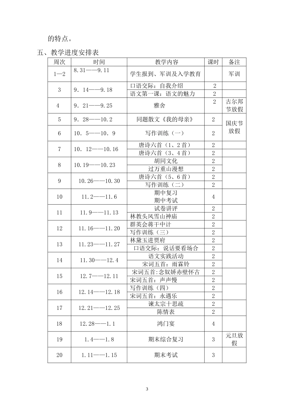 中职基础语文上教学计划_第3页