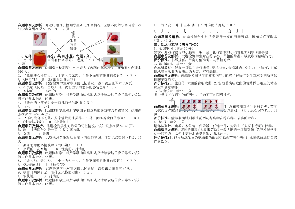 人音版小学一年级音乐（上册）期末测试卷_第3页
