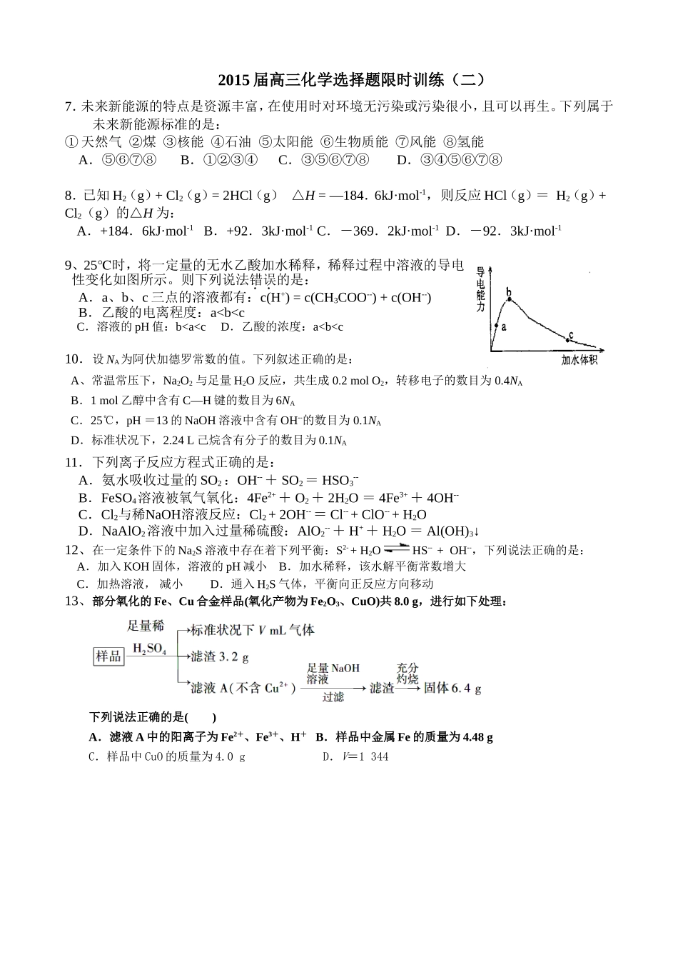 2015届高三化学选择题限时训练2_第1页