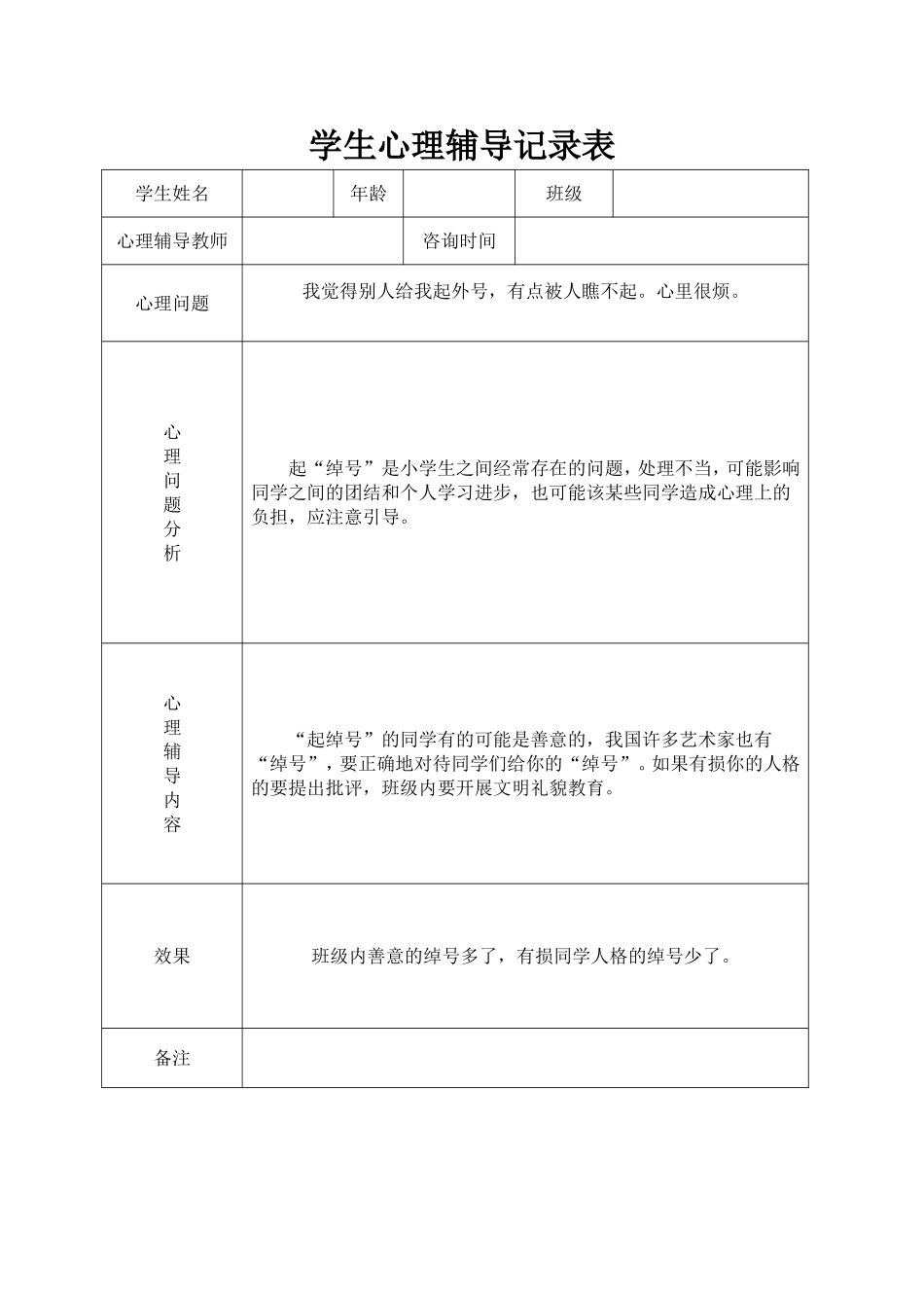 小学心理咨询心理疏导记录表_第1页