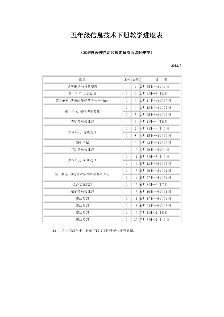 五年级信息技术下册教学进度表_第1页