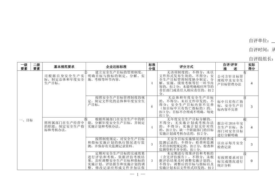 XX公司安全生产标准化自评表_第1页