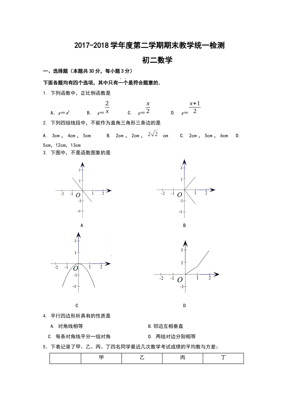 2018八年级下册期末考试数学试卷及答案_第1页