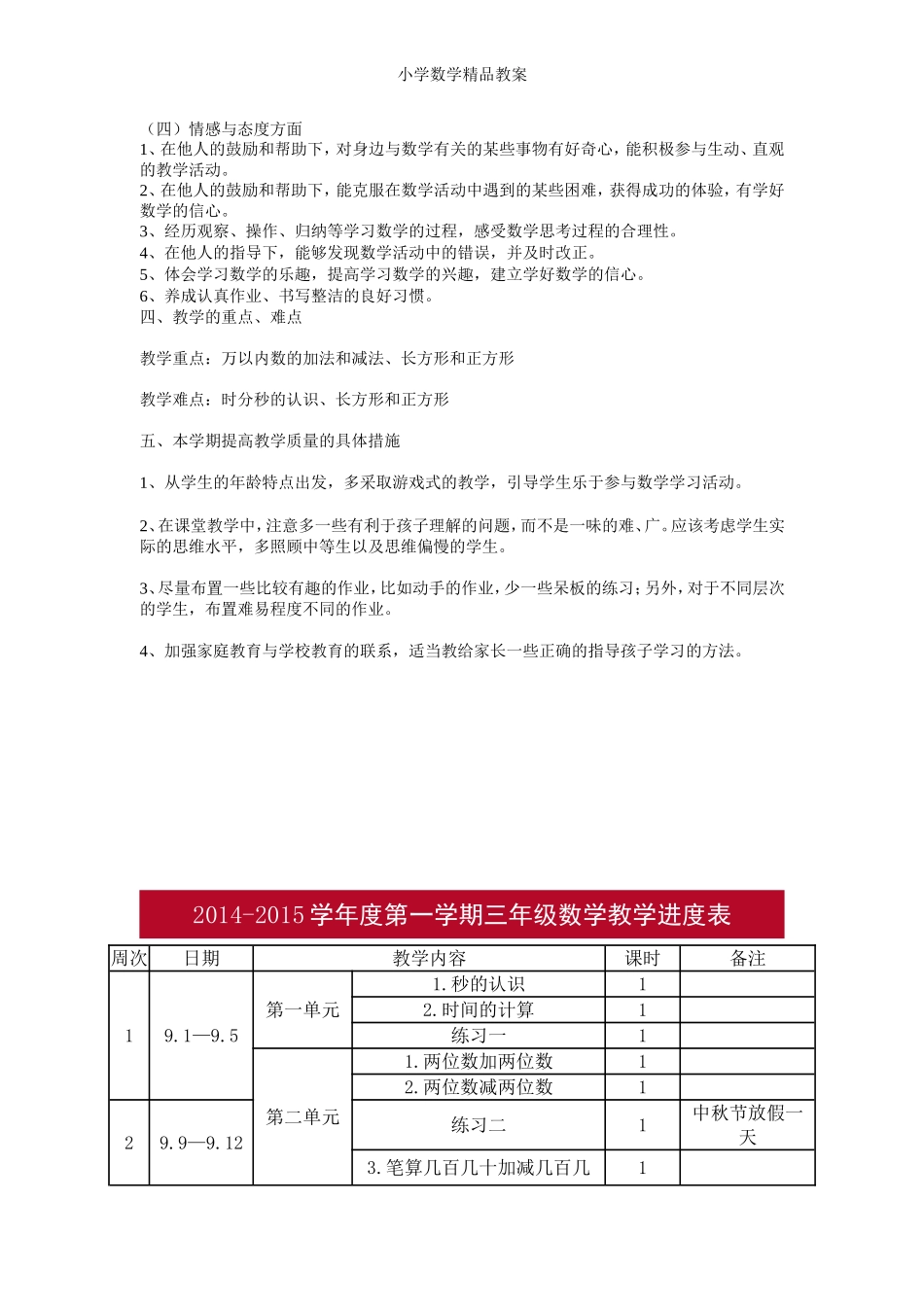 2017年秋人教版小学数学三年级上教学计划及进度表_第2页