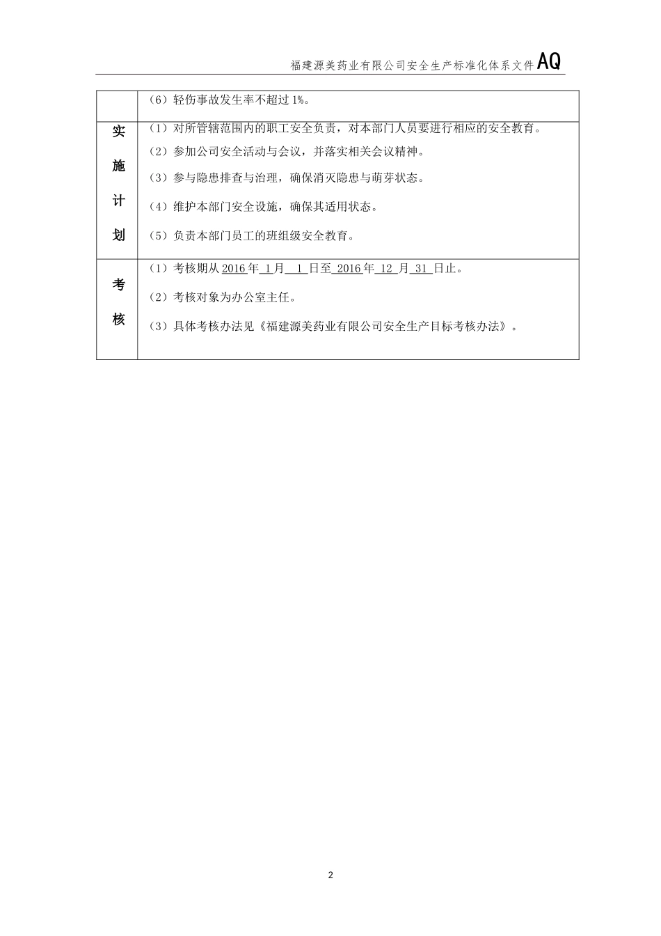 安全生产目标分解及各部门实施计划_第2页
