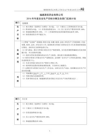 安全生产目标分解及各部门实施计划