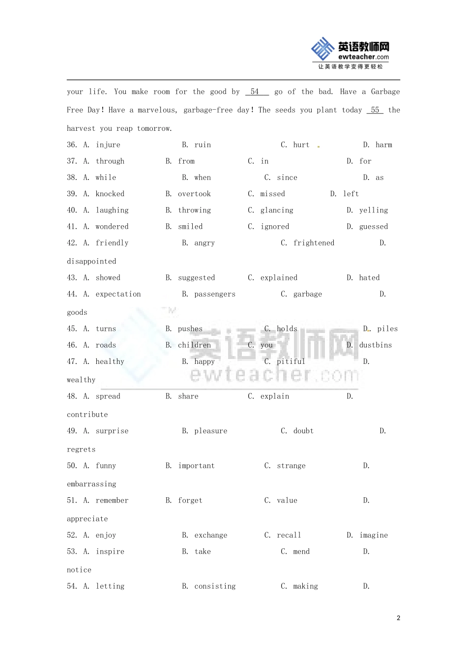 2014高考英语完形填空预演复习训练（1）_第2页