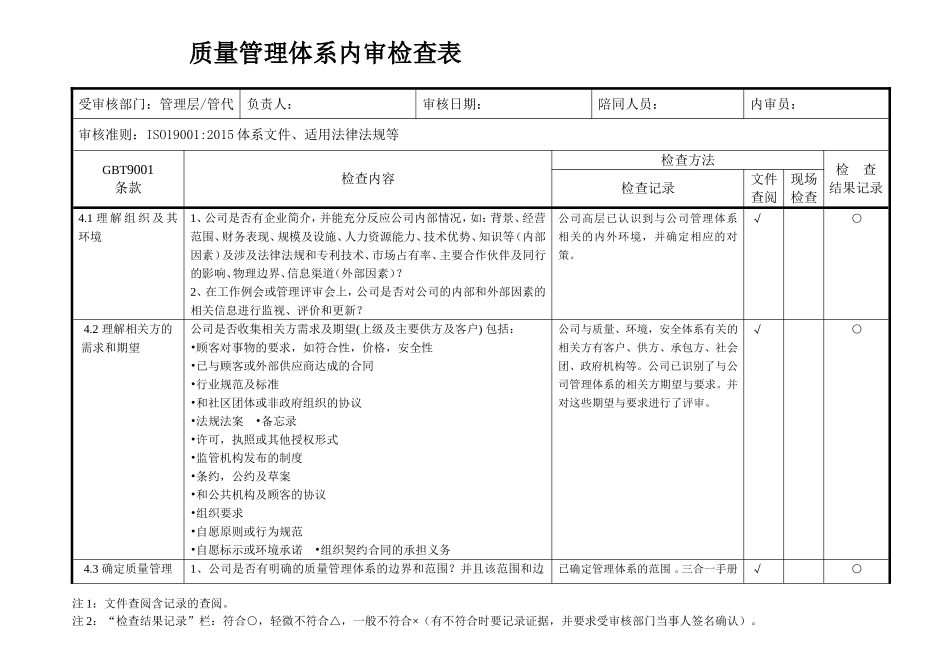 2015版质量管理体系内审检查表_第1页