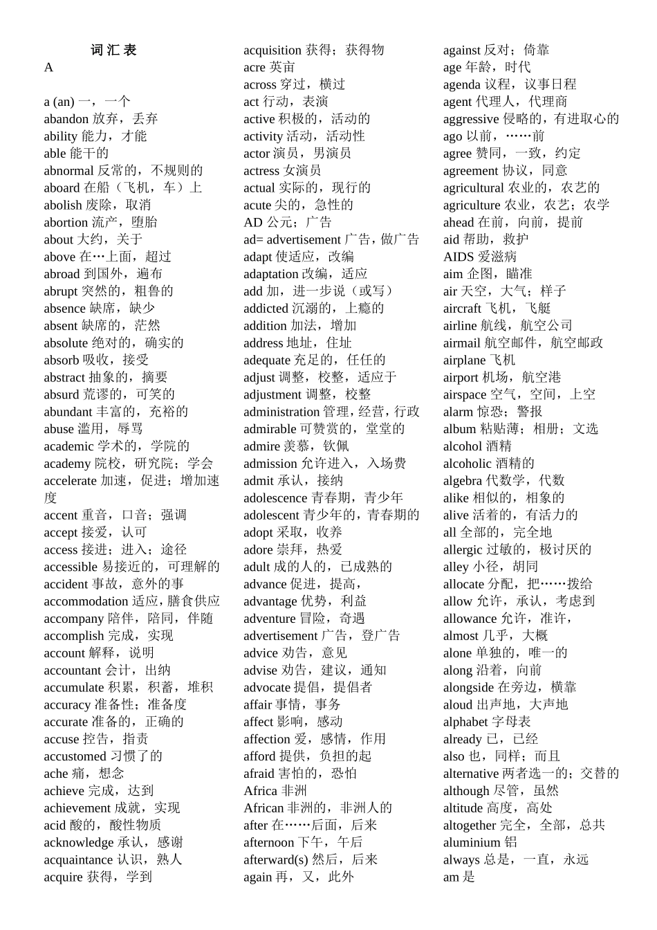 专升本英语词汇表词汇表(打印版)_第1页
