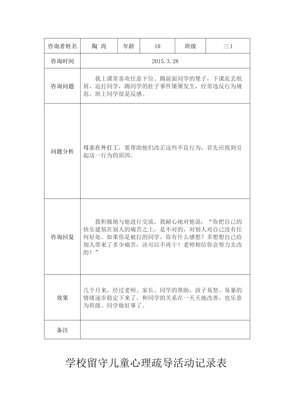 学校留守儿童心理疏导活动记录表_第2页