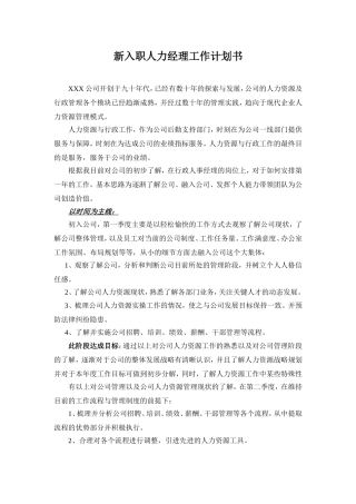 新入职人力经理工作计划书