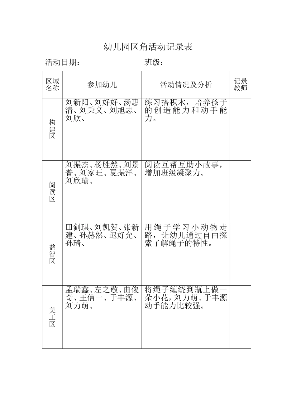 幼儿园区角活动记录表_第2页