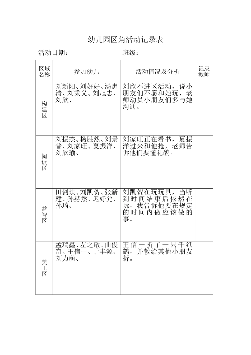 幼儿园区角活动记录表_第3页