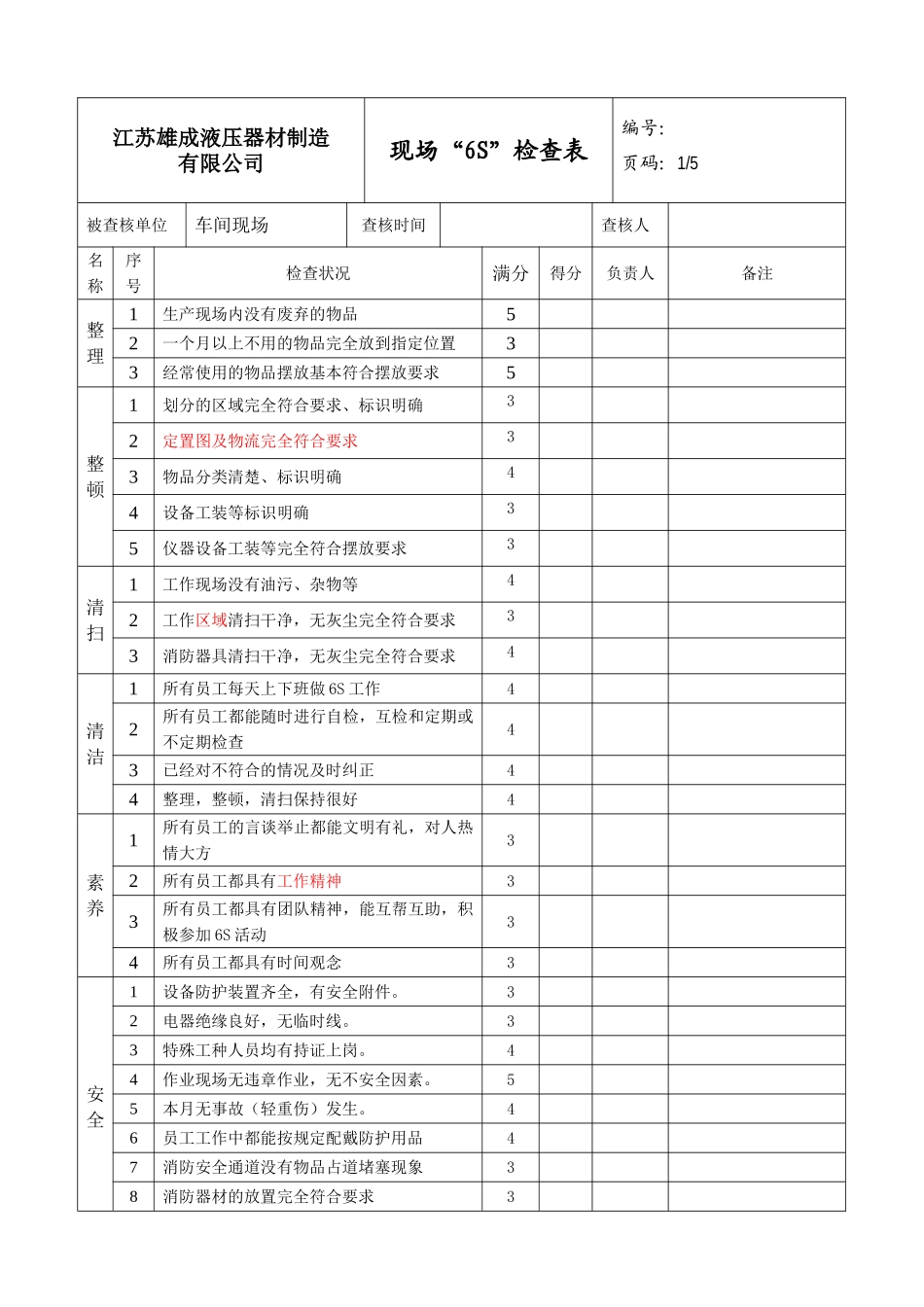 6S检查表【标准版】_第1页